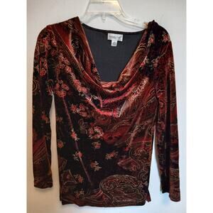 Coldwater Creek XS Drape Neckline Gold Red Holiday Cocktail Party Top Shirt